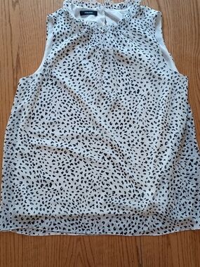 Sleeveless Ruffle Neck Polka Dot Blouse - White with Black Spots